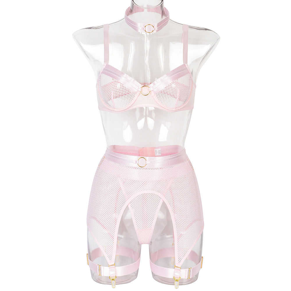 Women's Mesh Stitching Underwear Set with Garter Belt and Halterneck