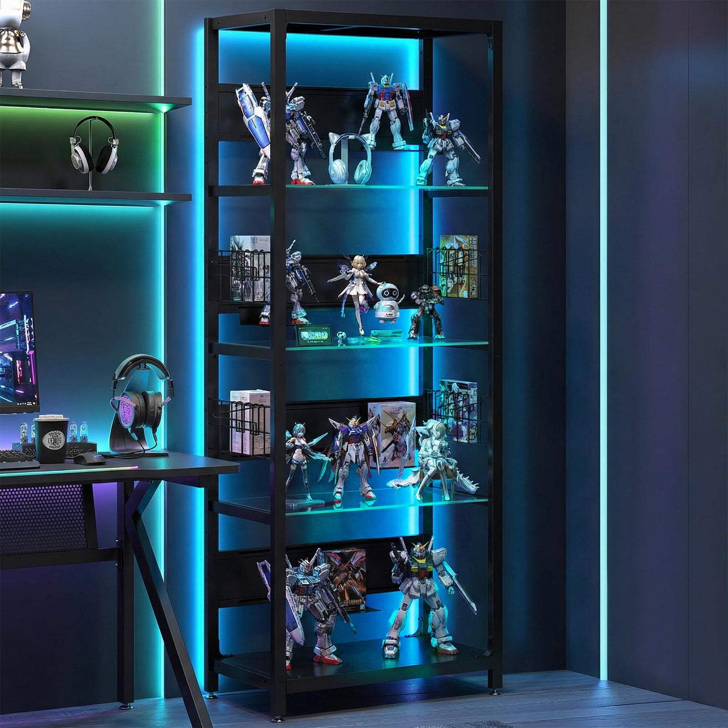 4-Tier Glass Display Shelf with RGB Lights - Black