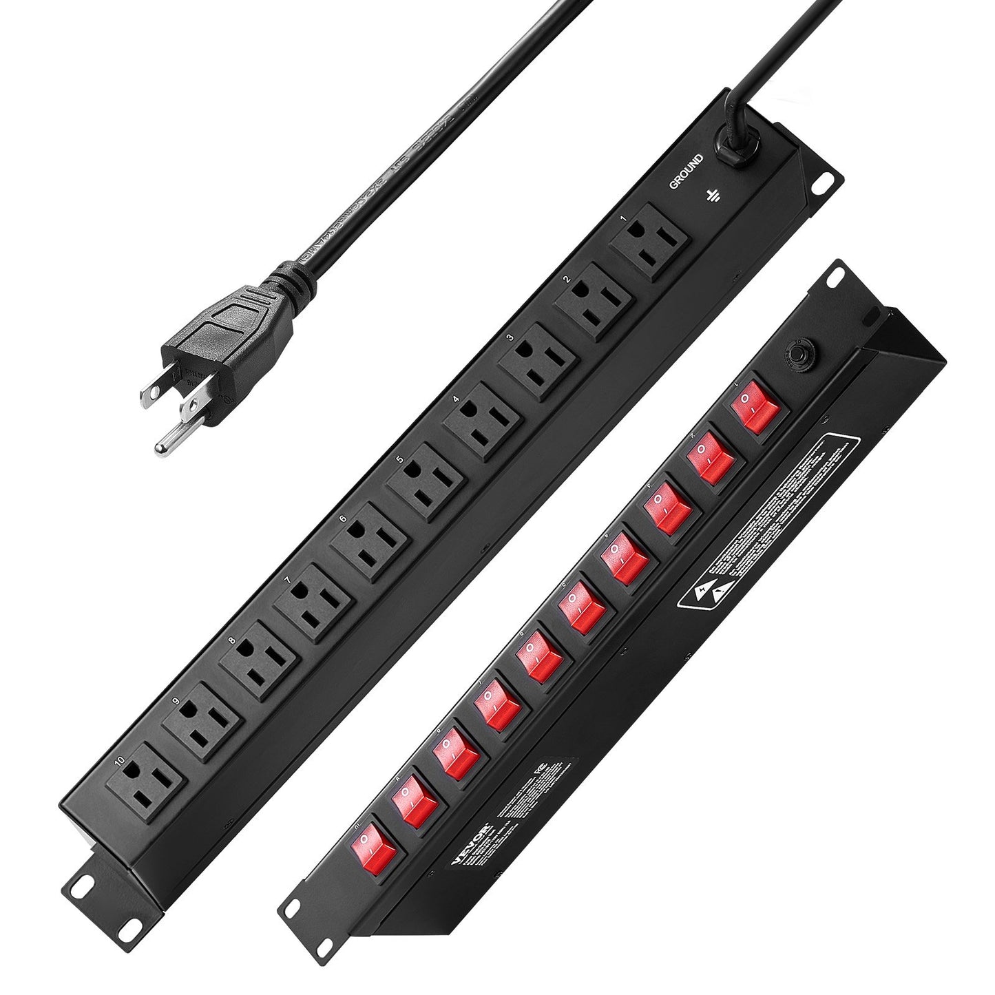 19-Inch Rack Mount Power Strip with 10 Outlets and Surge Protection - Black