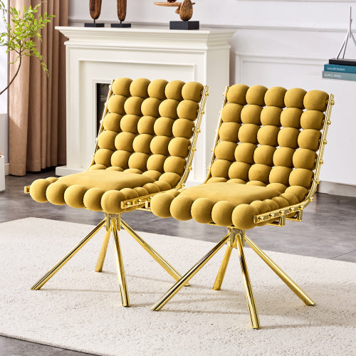 Set Of 2 Yellow Puffy Bubble Chair Ball Chain Velvet Dining Chairs