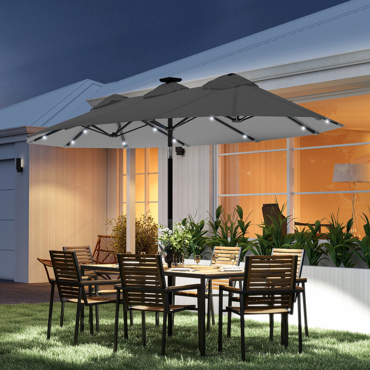 Double-Sided Patio Umbrella with Solar LED Lights - Gray