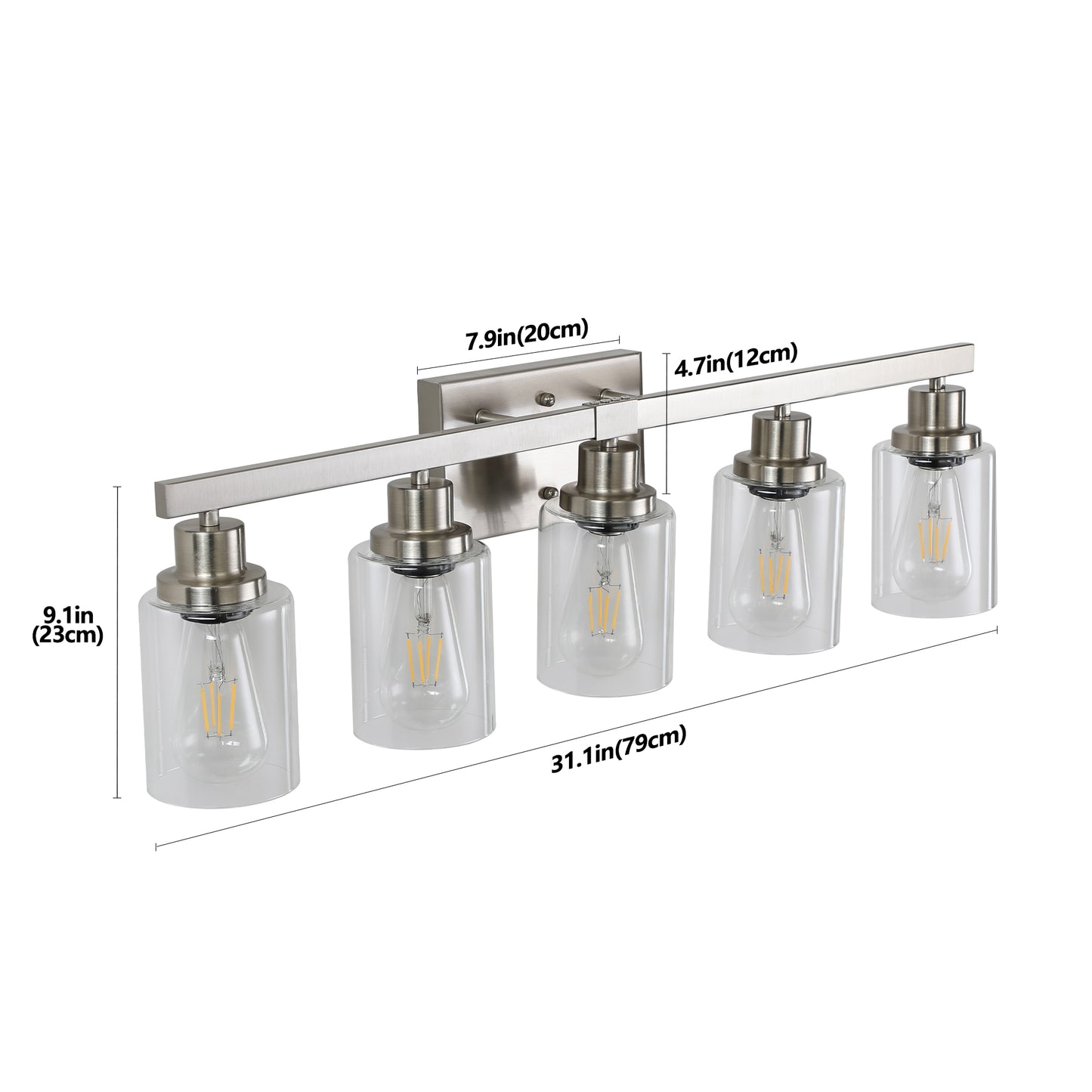 Modern 5-Light Bathroom Vanity Light Fixture - Brushed Nickel with Glass Shades