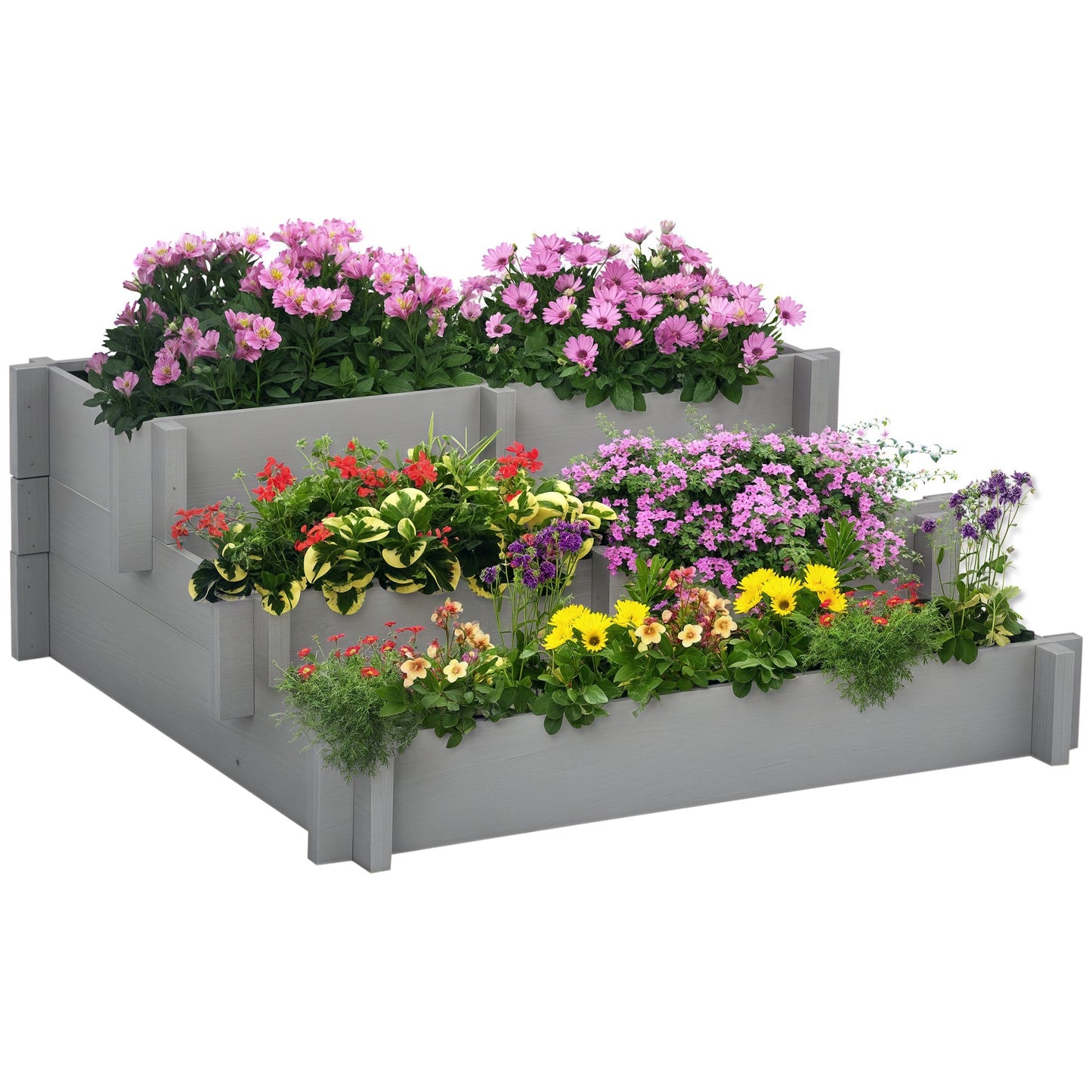 3-Tier Raised Garden Bed with Water Draining Fabric - Elevated Wooden Flower Planter for Vegetables & Herbs, Gray