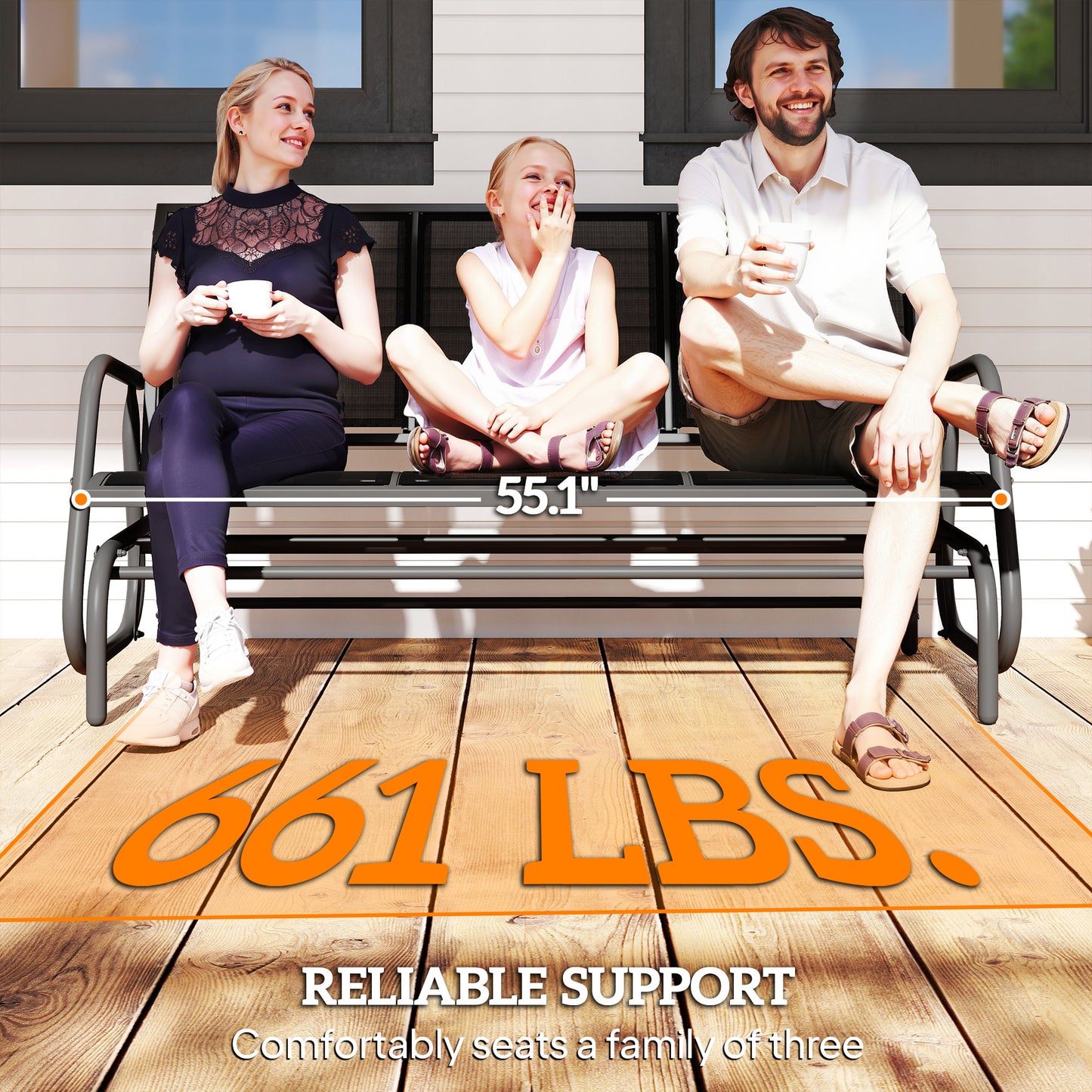 3-Person Outdoor Patio Glider Bench - Black, Breathable Mesh Fabric