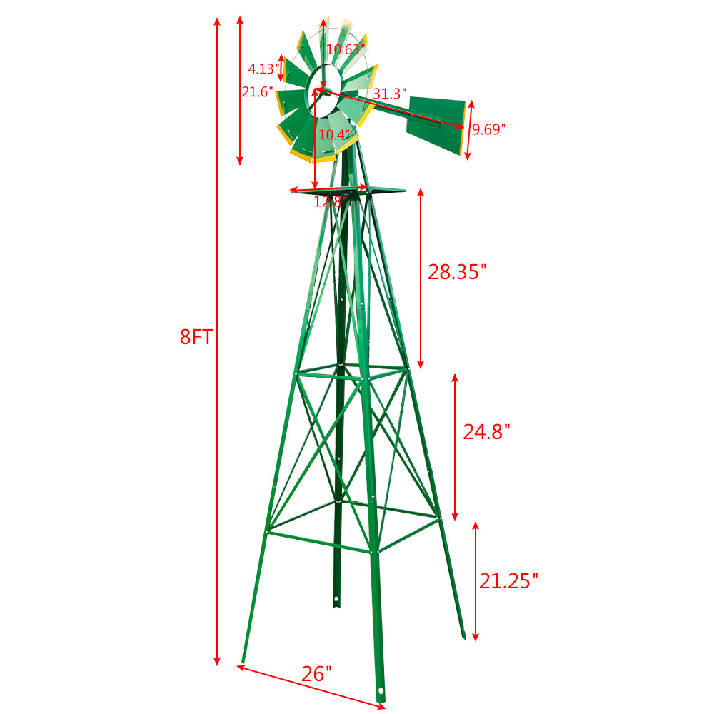 8FT Weather-Resistant Garden Windmill with Steel Frame for Lawn Decor