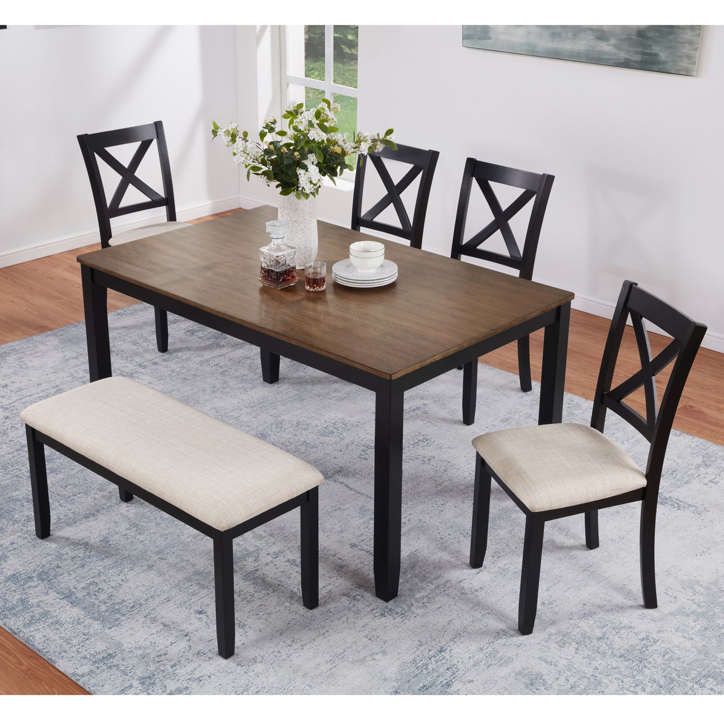 6-Piece Dining Table Set with Bench - Classic Black & Oak