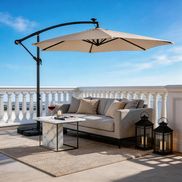 10FT Round Patio Hanging Umbrella with LED Lights - Khaki
