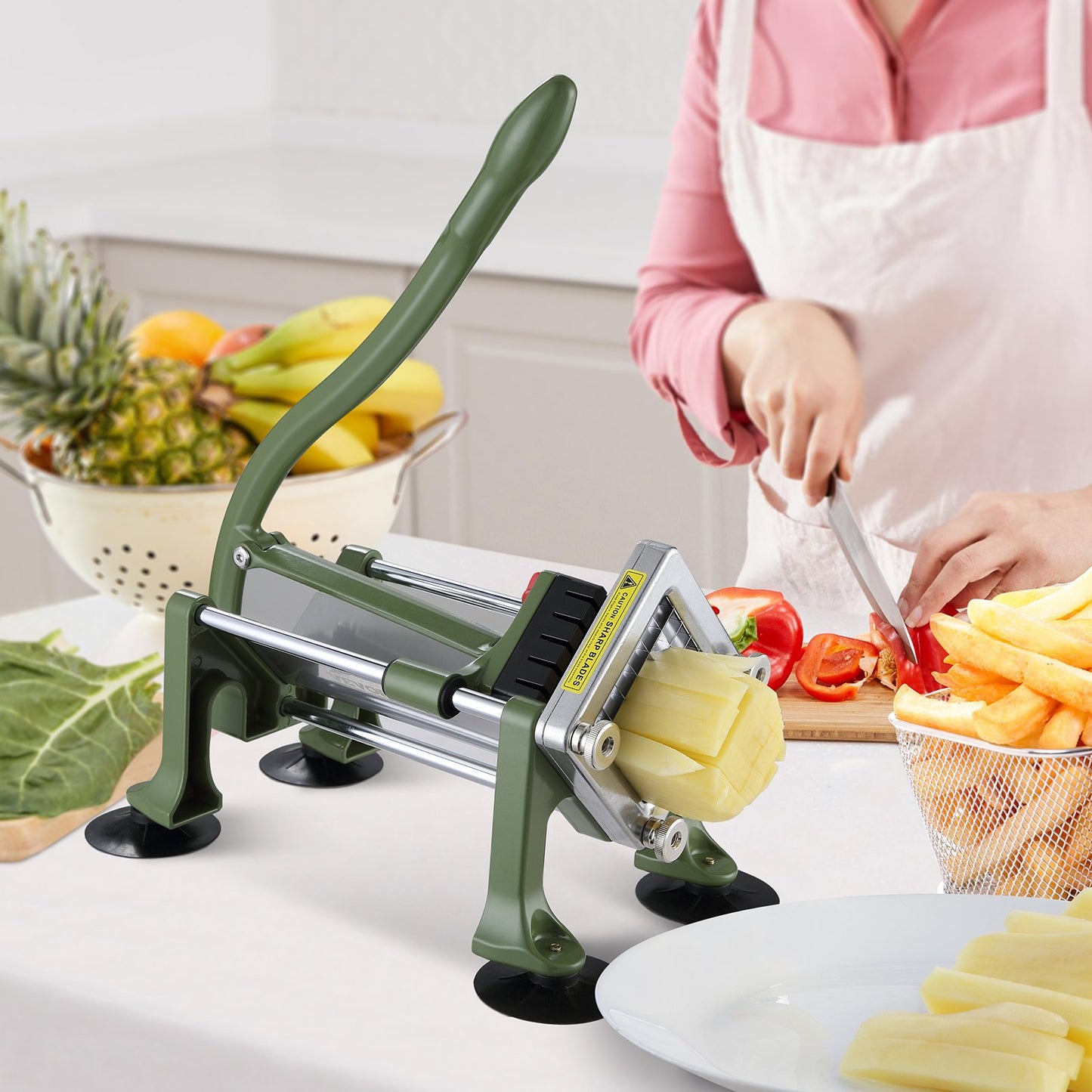Stainless Steel French Fry Cutter Vegetable Slicer with Handle & Suction Feet
