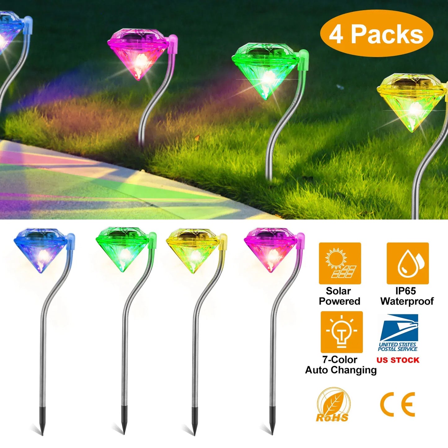 4 Pack Solar Garden Lights Outdoor LED Pathway Stake with 7-Color Changing Waterproof Lamp