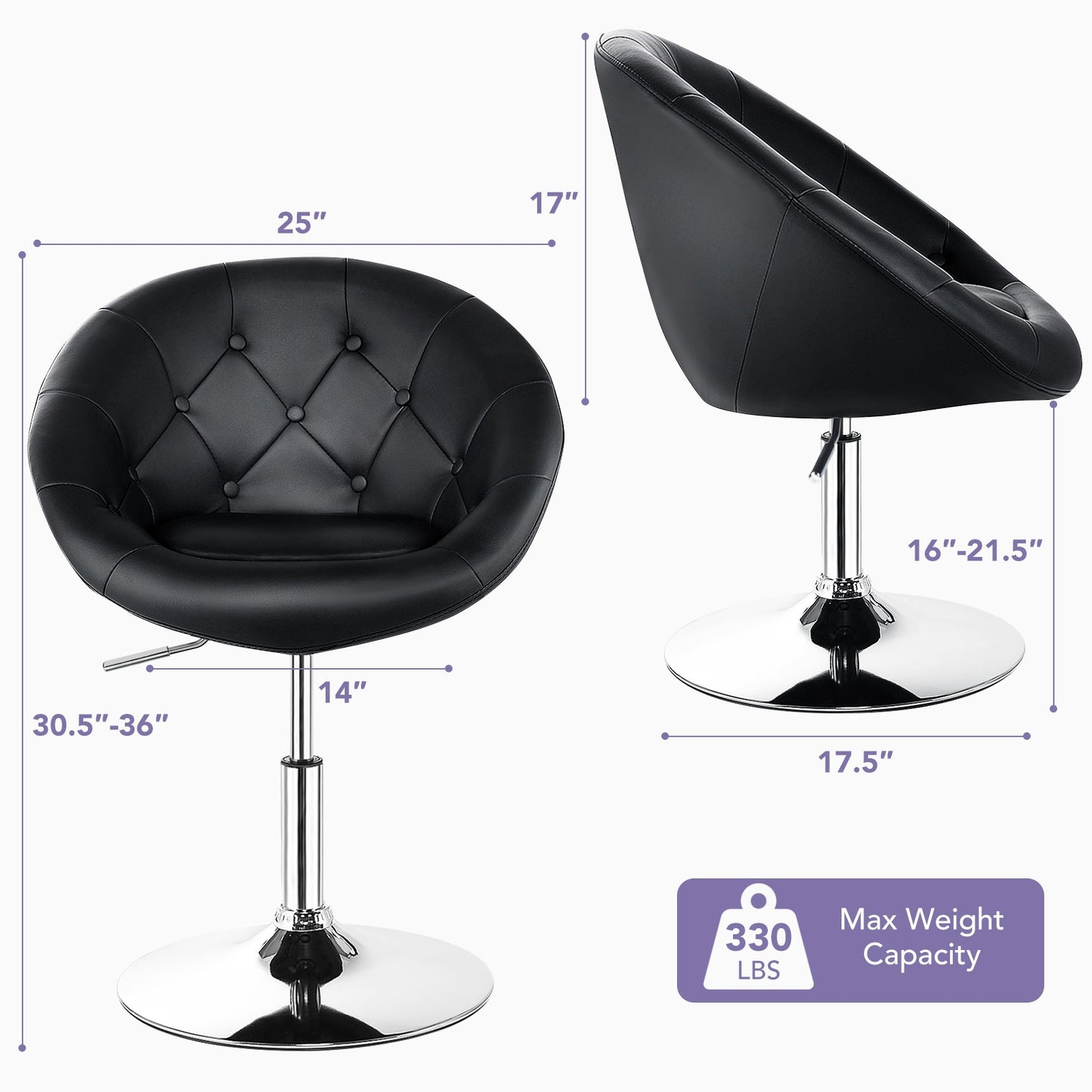 Adjustable Swivel Round Accent Chair - Black PU Leather