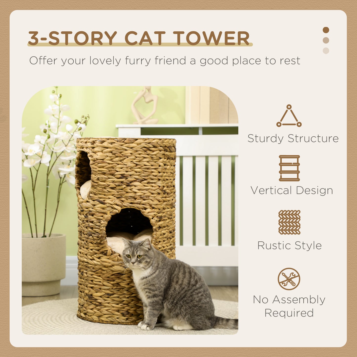 Elevated Cat Bed with Hideaways - 3-Story Indoor Kitty Tower, Water Hyacinth