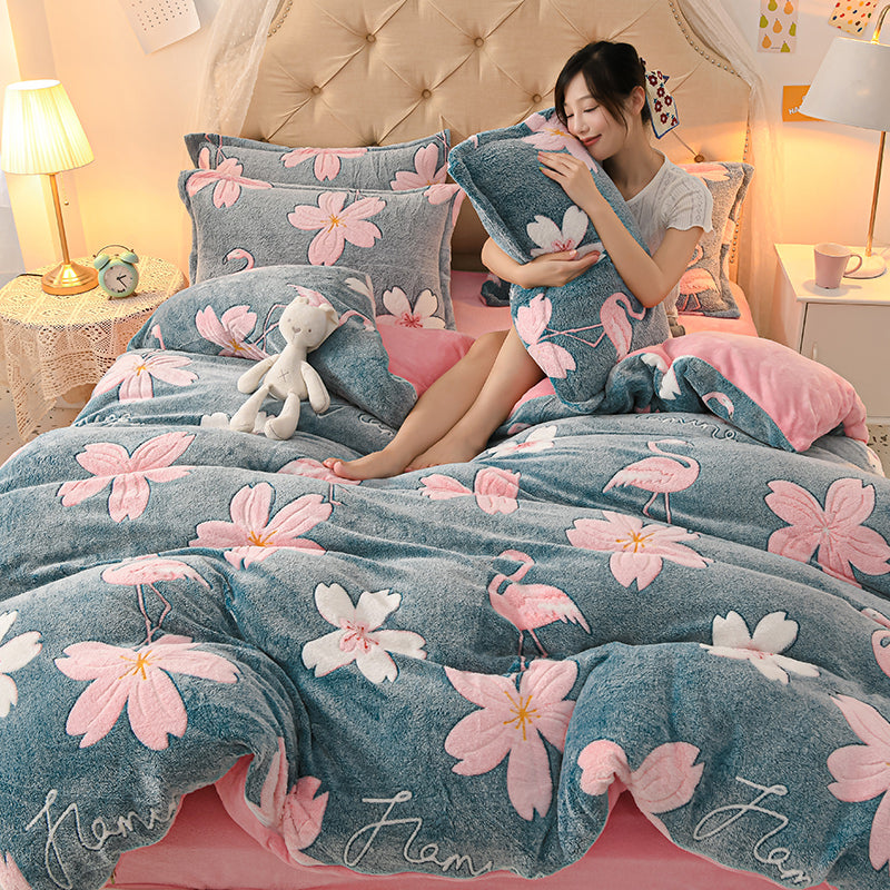 Coral Velvet Duvet Cover Set Double Sided Thick Bedding with Cartoon Patterns