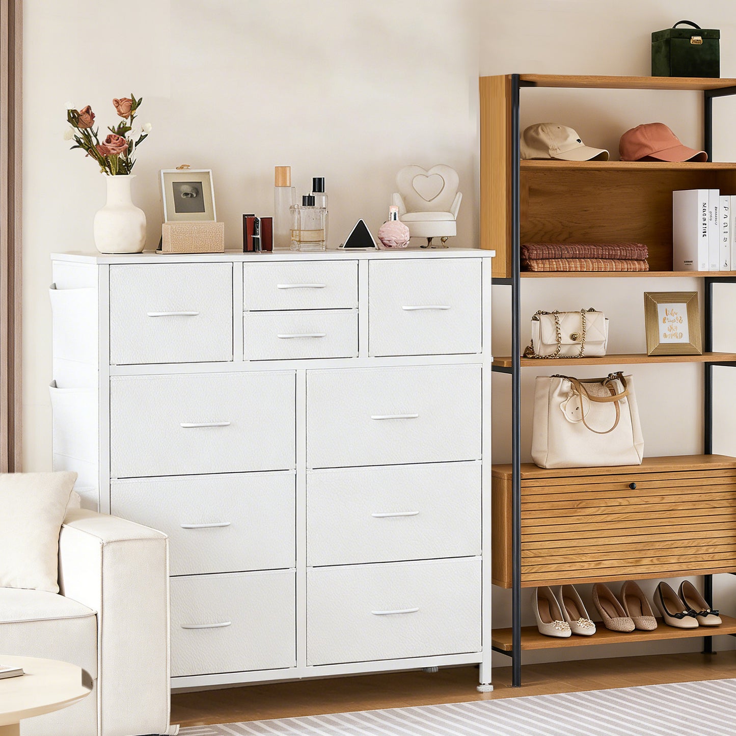 10-Drawer Storage Cabinet with Side Pocket & Hooks - White