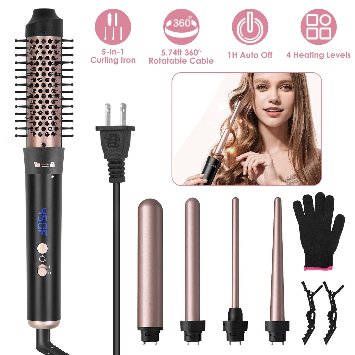 5-in-1 Curling Iron Wand Set with Interchangeable Barrels & Heat Control