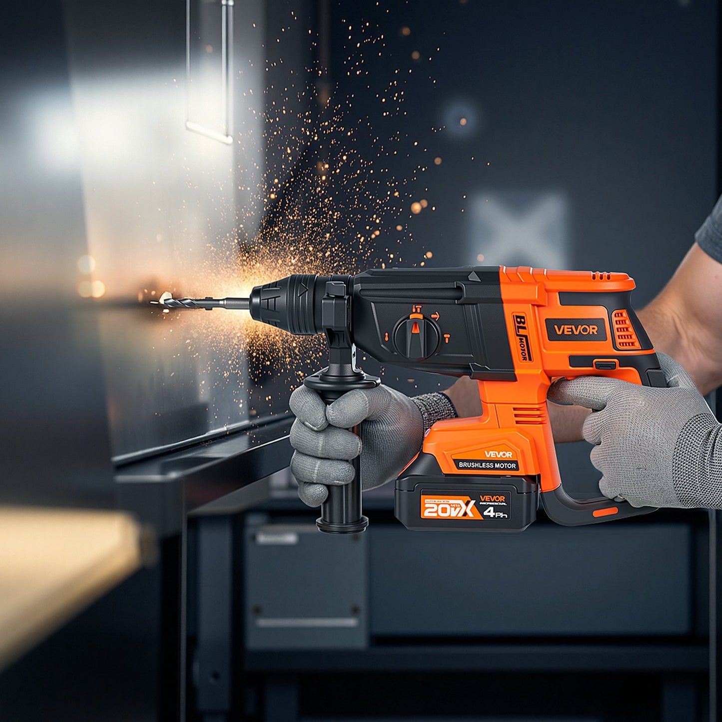 20V Cordless Rotary Hammer Drill Kit with 4 Functions and Brushless Motor