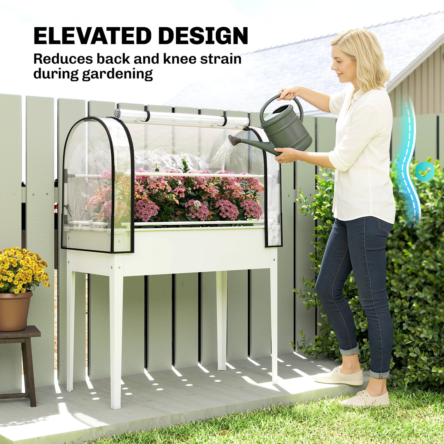 Raised Garden Bed with Flip-Up Greenhouse Cover - Metal Elevated Planter with Drainage, White, 1110x510x85 mm