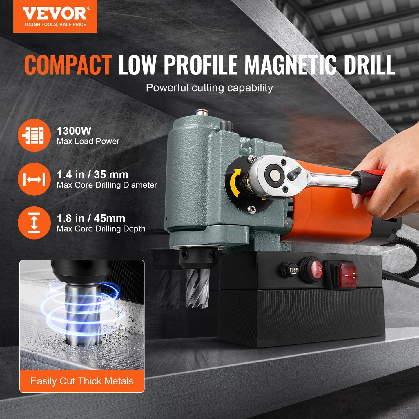 1300W Magnetic Drill Press - Compact Portable Mag Drill with Safety Features