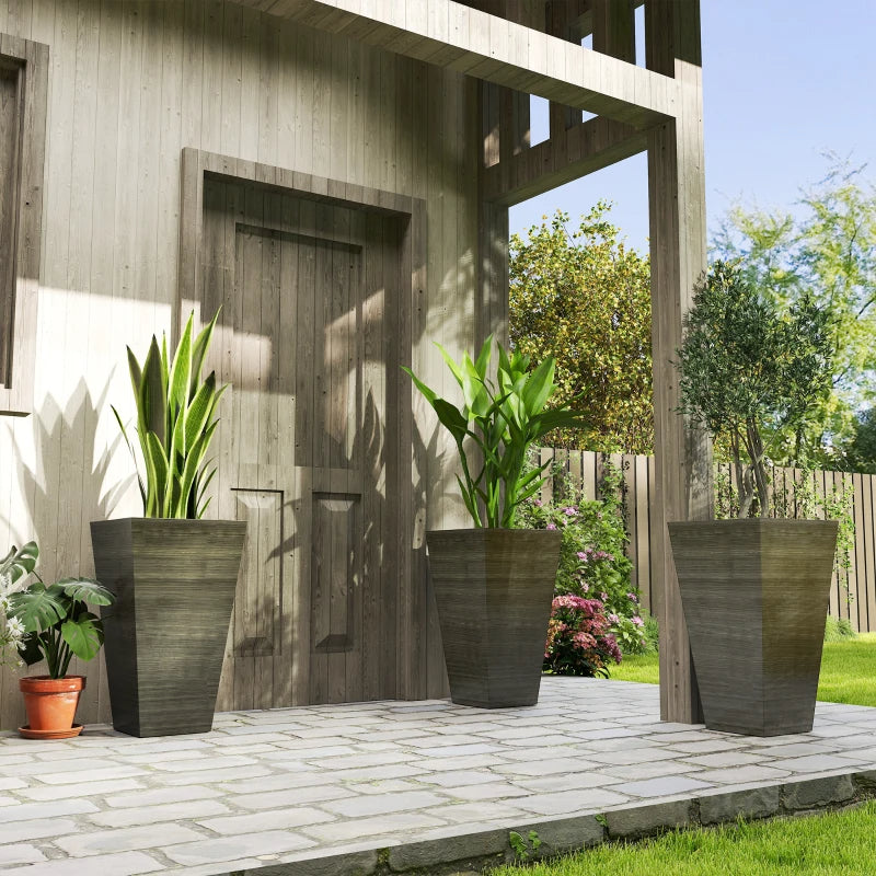 Tall Outdoor Planters Set of 3 - Self-Draining Faux Wood Style Gardening Pots