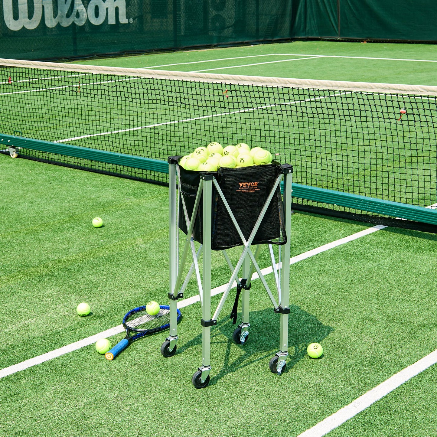 Foldable Tennis Ball Hopper Cart with 150 Capacity, Lightweight Aluminum, Wheels & Removable Bag