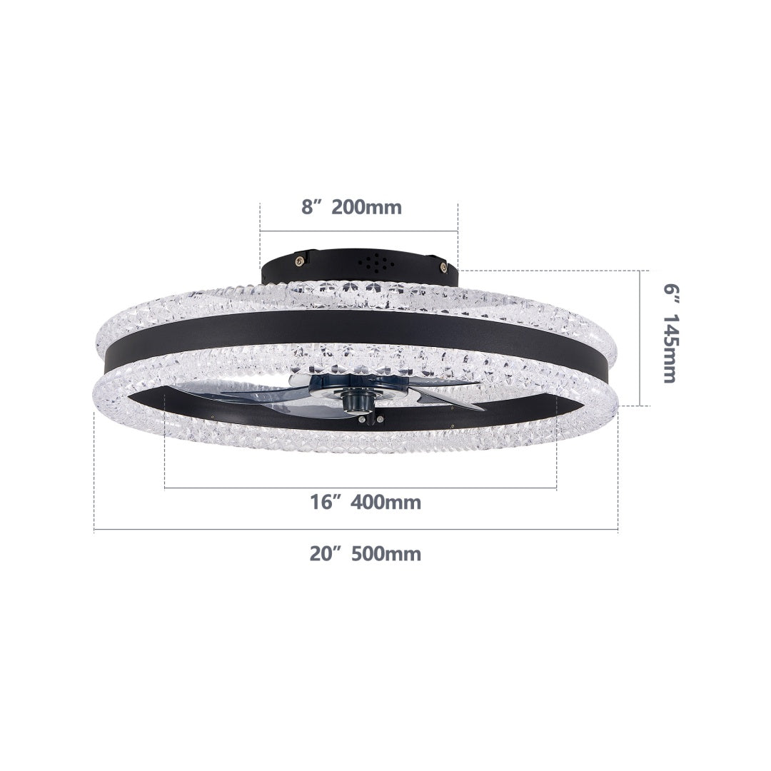 20in Modern Double Ring LED Ceiling Fan with Light Black Remote