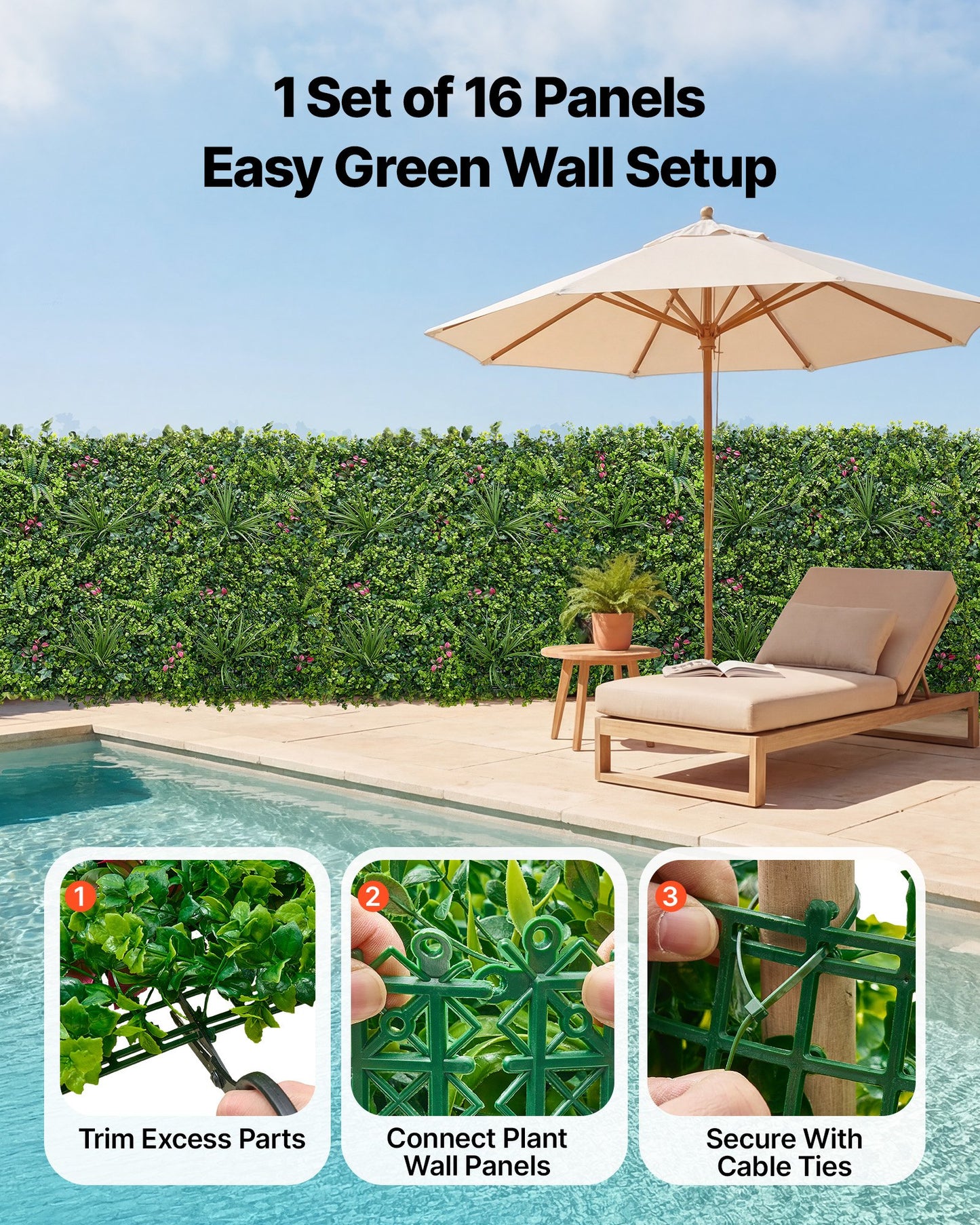 Artificial Greenery Wall Panel Set - 16 Pieces, 20x20 Inches, Privacy Fence for Indoor & Outdoor Garden, Wedding Backdrop
