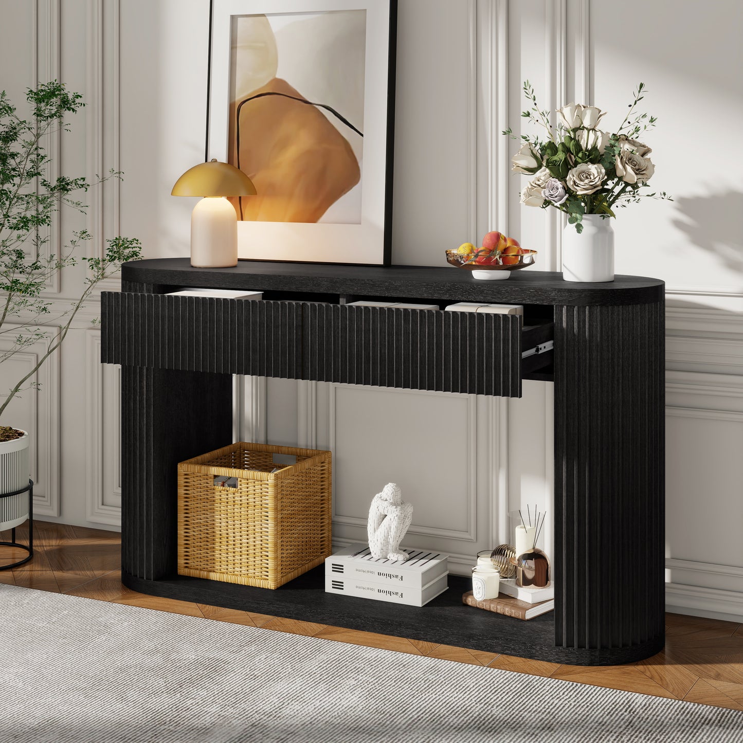 Oval Fluted Console Table with 2 Drawers & Bottom Shelf - Black