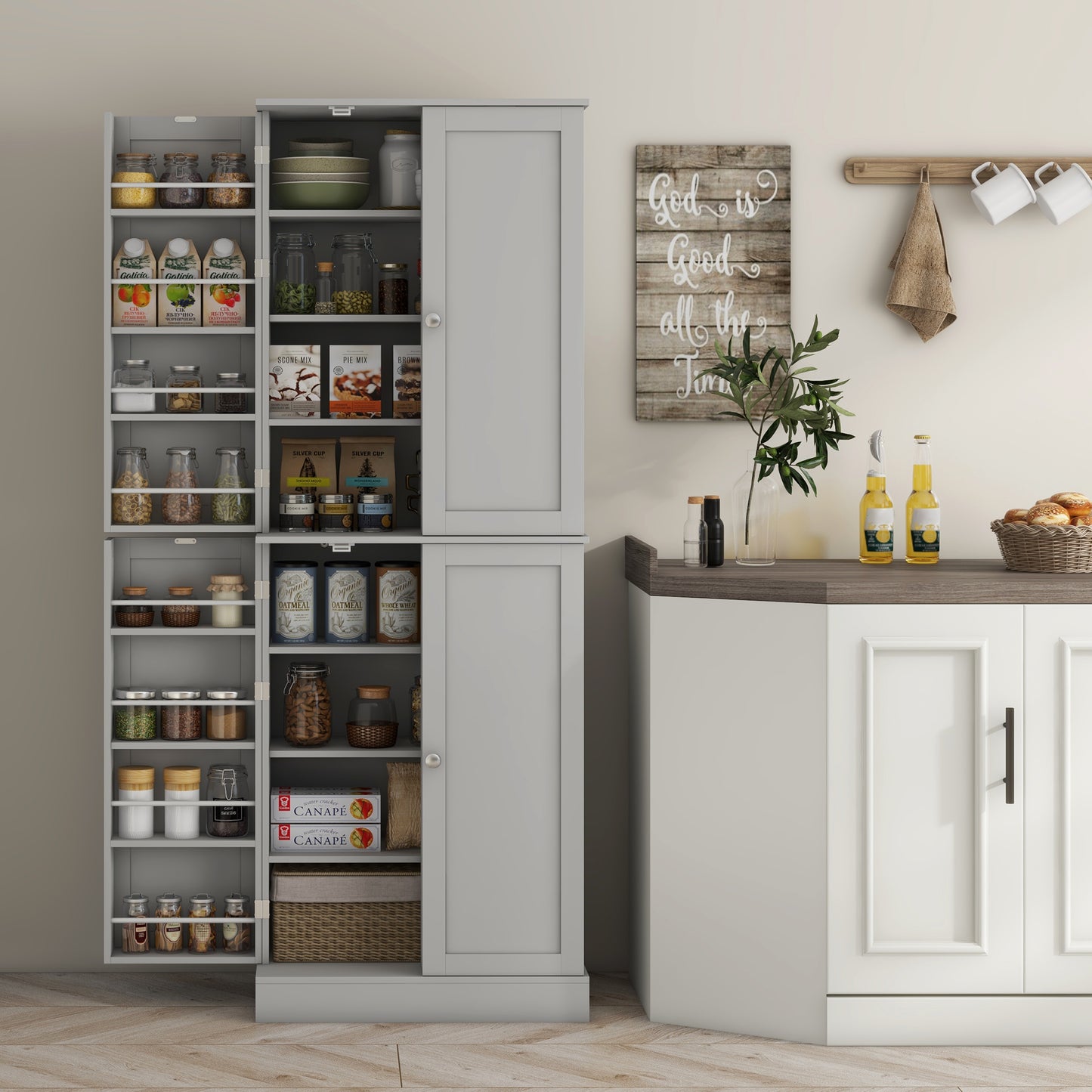 65" Kitchen Pantry Cabinet with 4 Doors and 16 Shelves - Gray