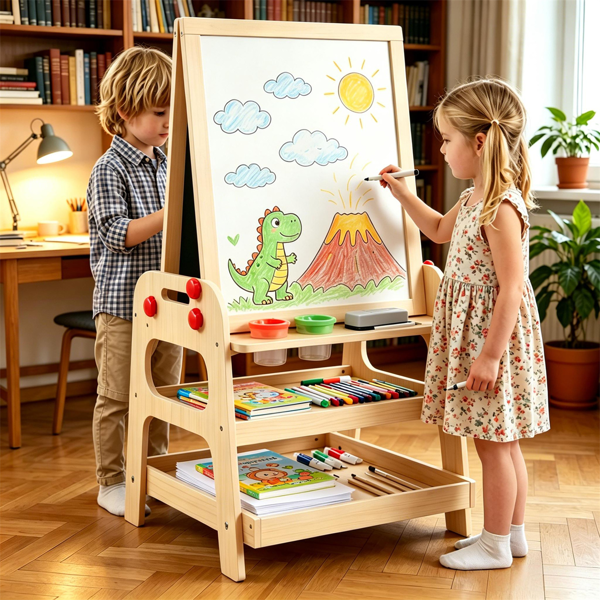 2-in-1 Kids Art Easel with Marble Run & Magnetic Whiteboard