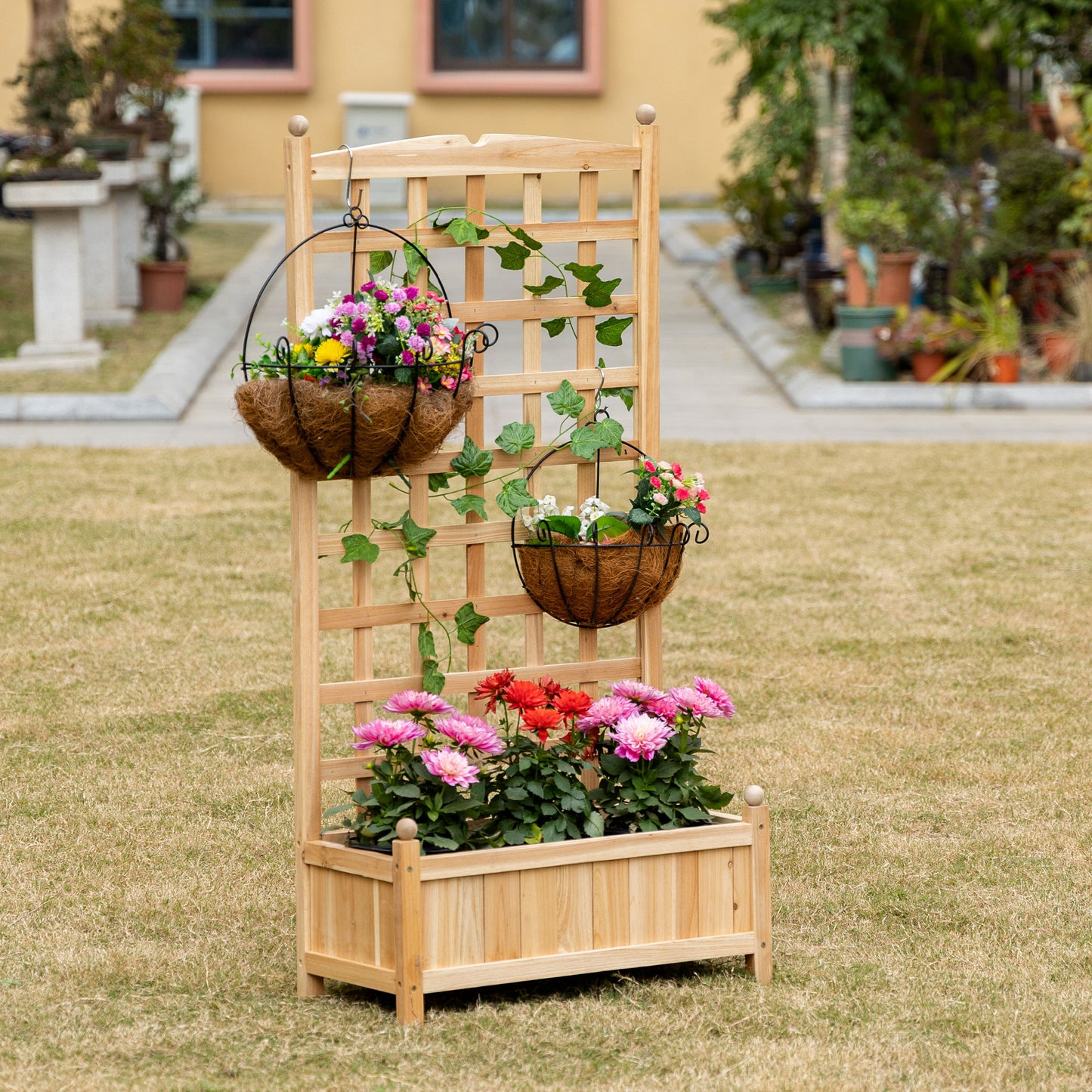 Wooden Raised Garden Bed with Trellis - Outdoor Planter Box for Climbing Vines and Flowers, 24 x 12 x 49 Inches