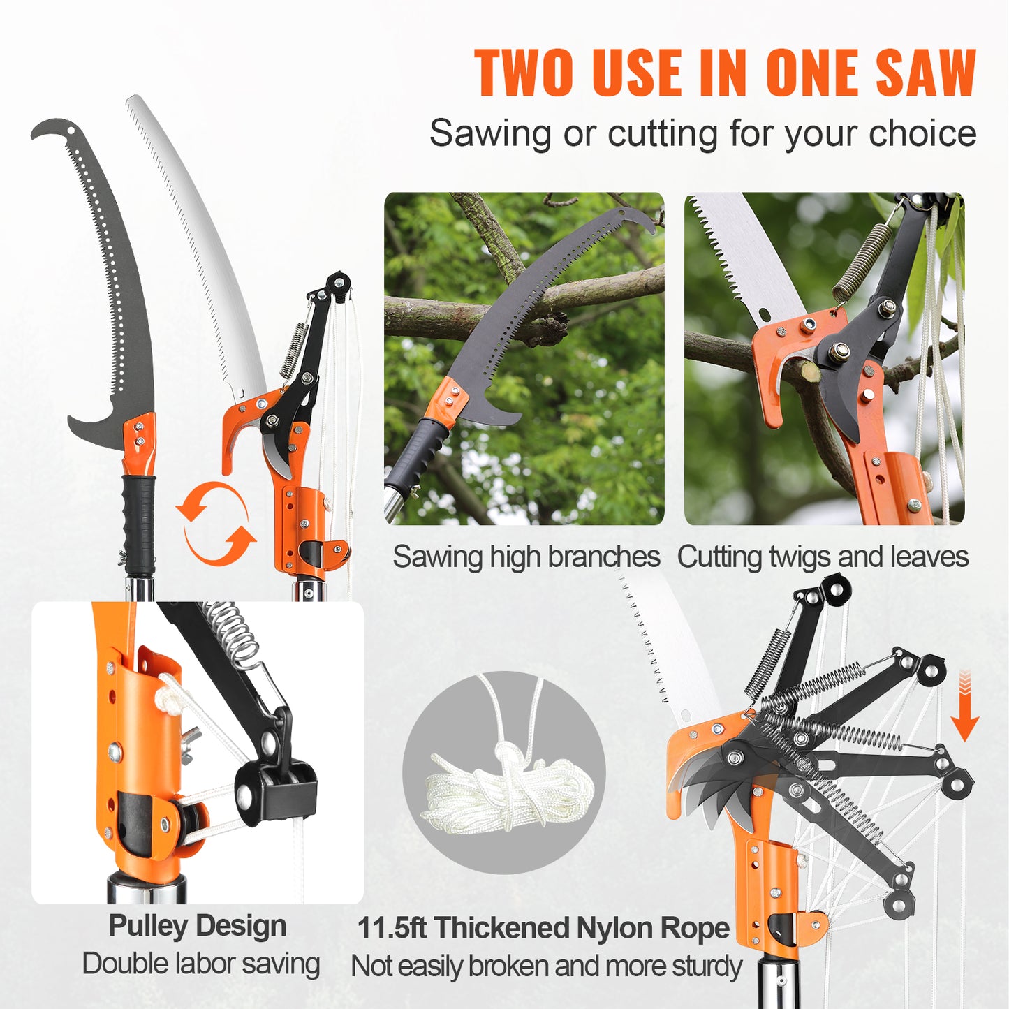 Extendable Pole Saw 7.3-27 Ft Tree Pruner with Steel Blade & Fiberglass Handle