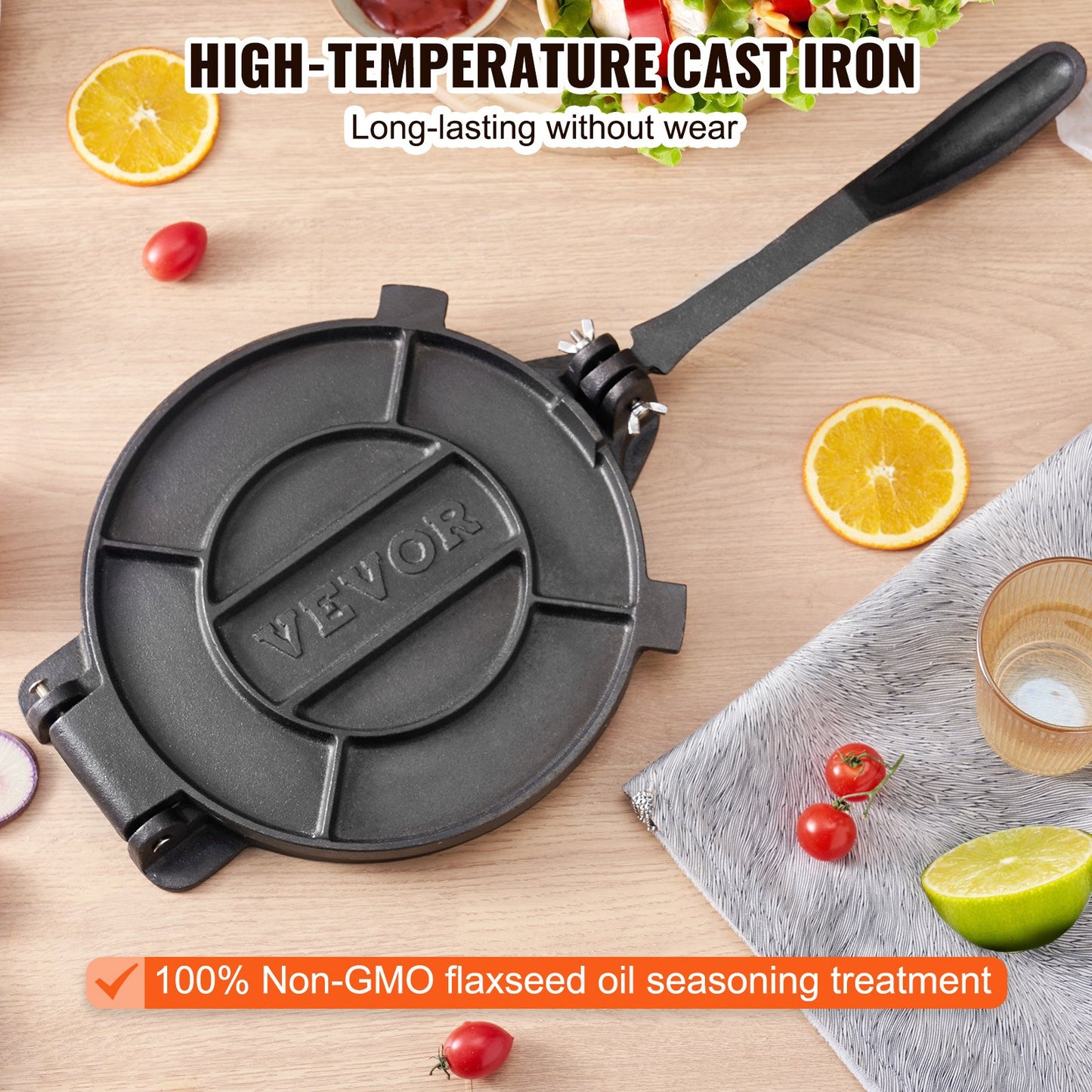 8-Inch Cast Iron Tortilla Press - Heavy Duty Roti Maker with Parchment Paper