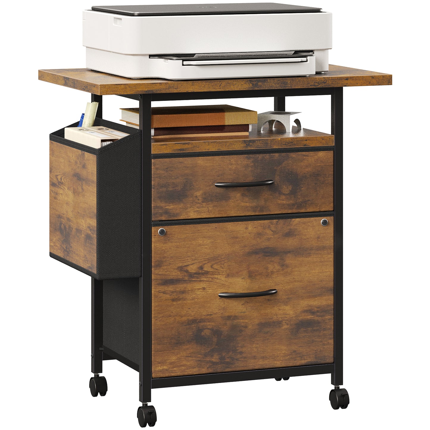 Rollable Filing Cabinet, Equipped With Drawers And Storage Shelves,