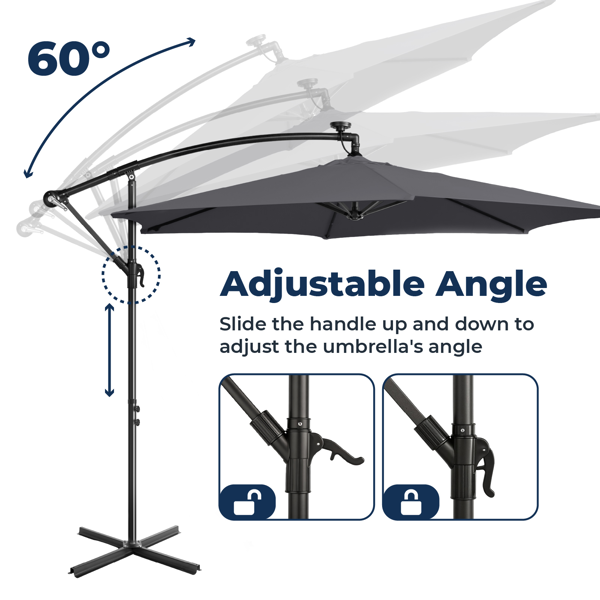 10FT Round Hanging Patio Umbrella with LED Lights & Stand - Gray