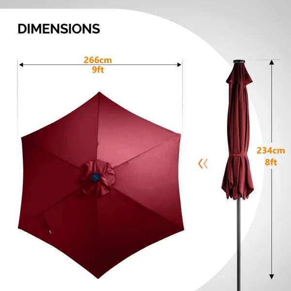 9ft Solar LED Patio Umbrella - Waterproof Burgundy with Tilt & Crank