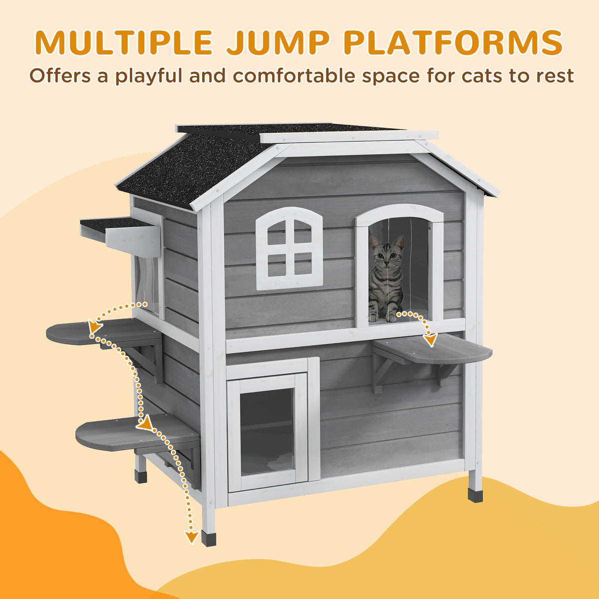 Outdoor Wooden Cat House with Escape Door & Openable Roof - Weatherproof Feral Cat Enclosure Gray