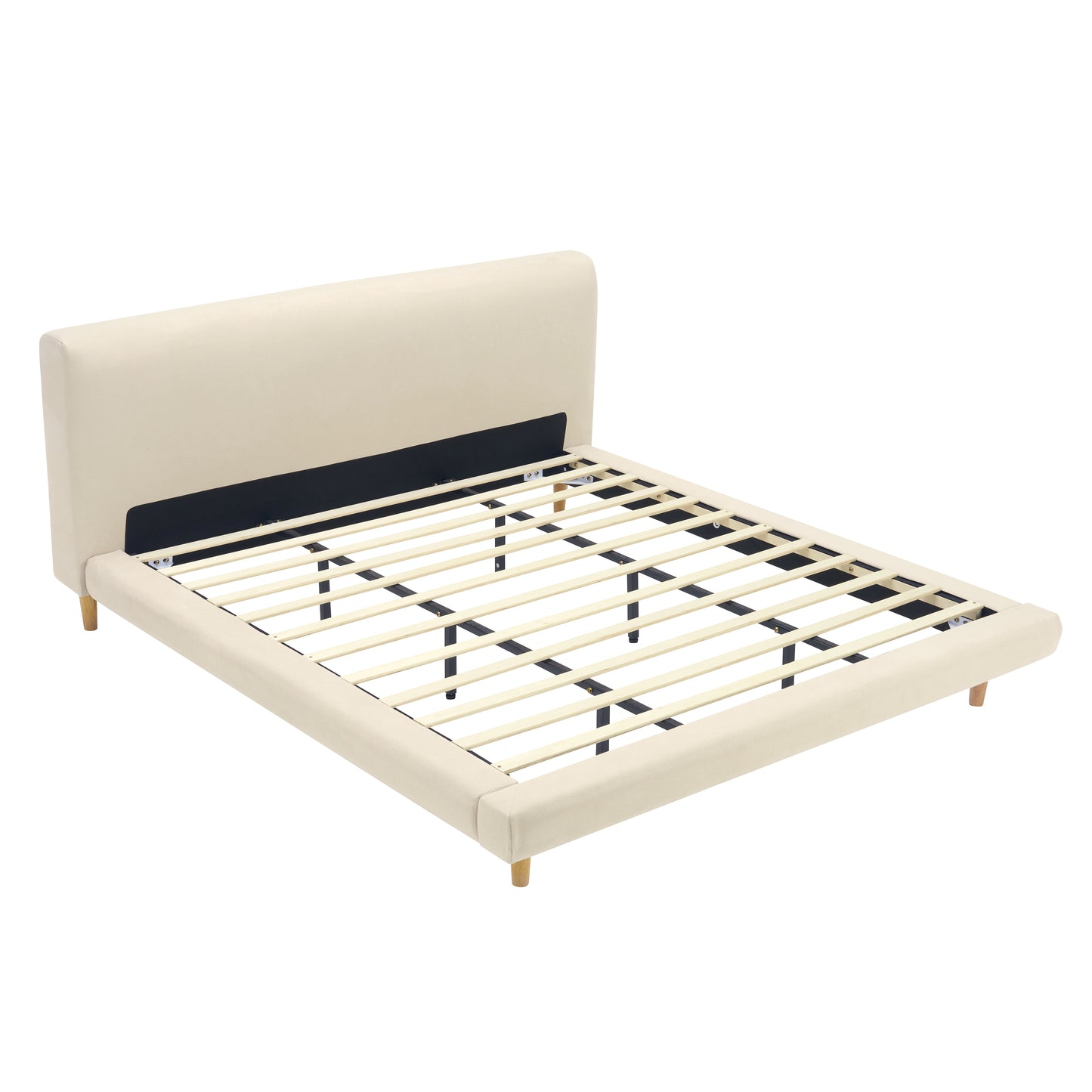 Beige Chunky Headboard Bed Frame with Solid Rubberwood Legs - King