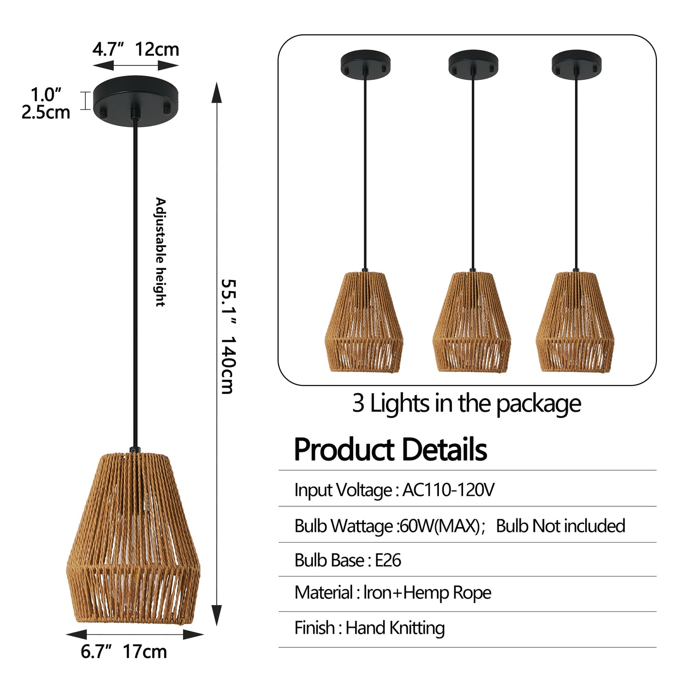 7-Inch Set of 3 Rustic Hemp Rope Pendant Lights - Farmhouse Ceiling Fixtures