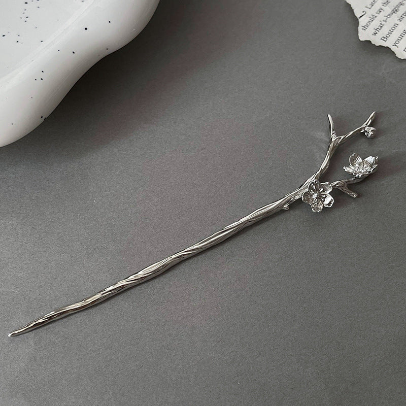 Metal Hairpin Hair Accessories for Women - Chinese Flower Design, Silver & Gun Black