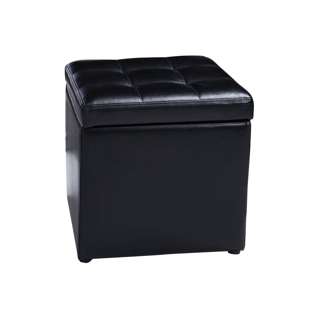 Foldable Cube Ottoman Pouffe Storage Seat - Black Faux Leather