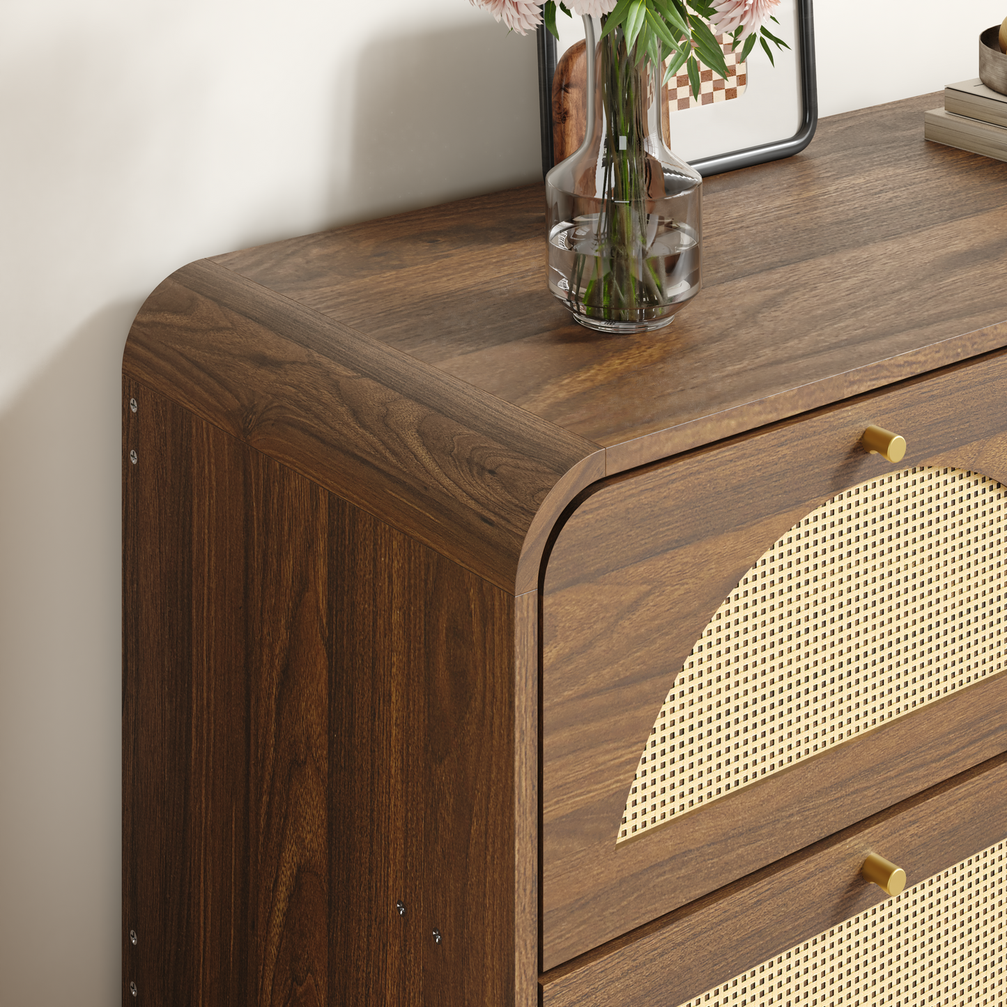 Modern 9-Drawer Dresser with Rattan Front - Walnut Finish