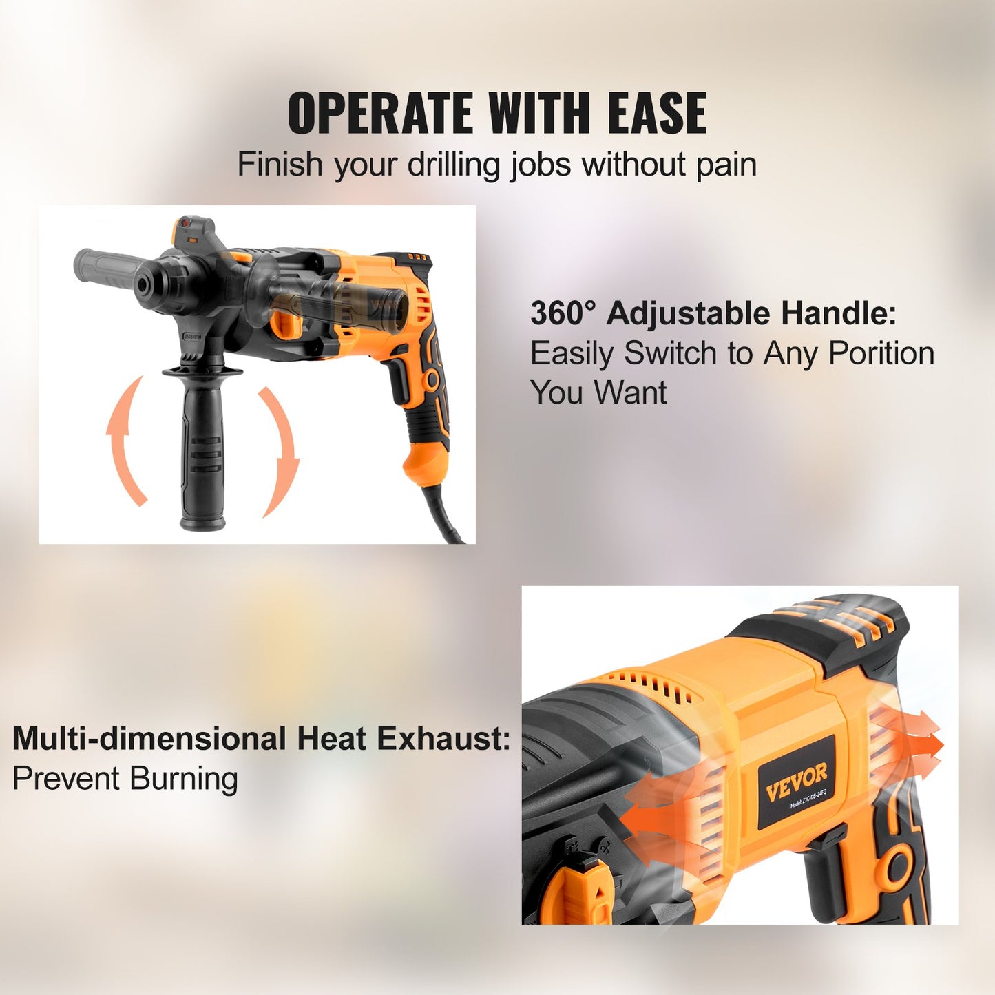 Corded Rotary Hammer Drill 4-Mode SDS-Plus Chipping Hammers - Yellow