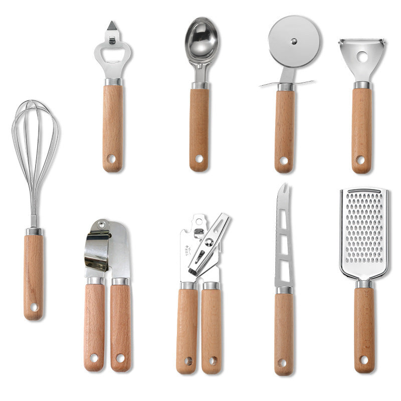 Kitchen 9-Piece Wooden Handle Baking Tool Set - Stainless Steel Utensils