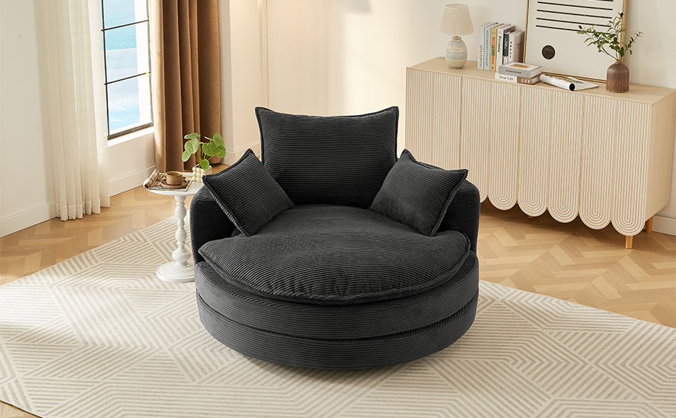 Oversized 360° Swivel Chair with Dual-Layer Cushions - Black