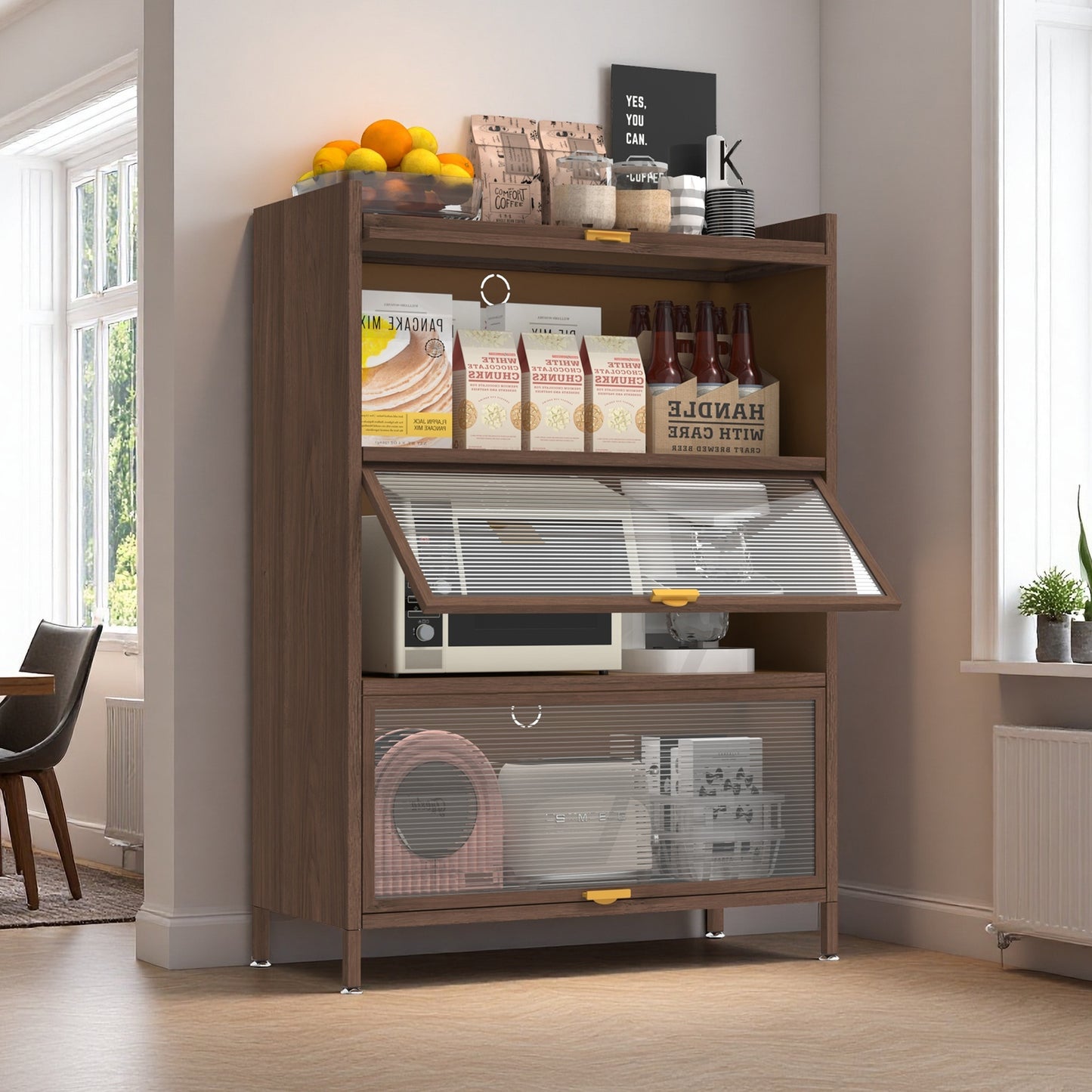 44'' Tall Metal Cabinet with 3 Flip Doors - Walnut Storage