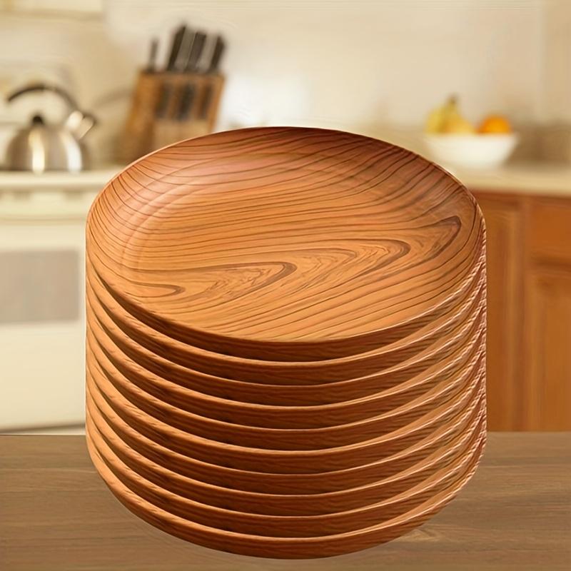 10 Creative Wood Grain Plastic Plates - Round Striped Design,