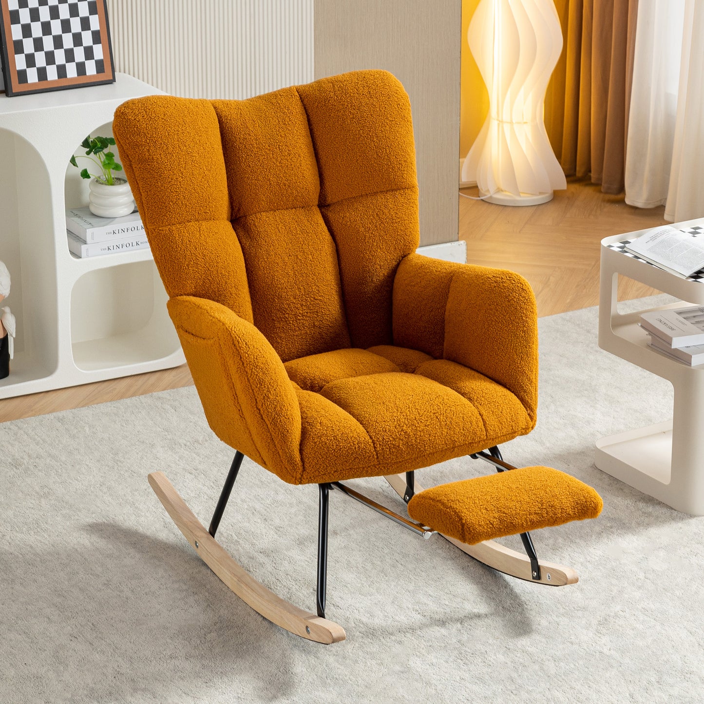 Teddy Fabric Rocking Chair with Adjustable Footstool - Caramel