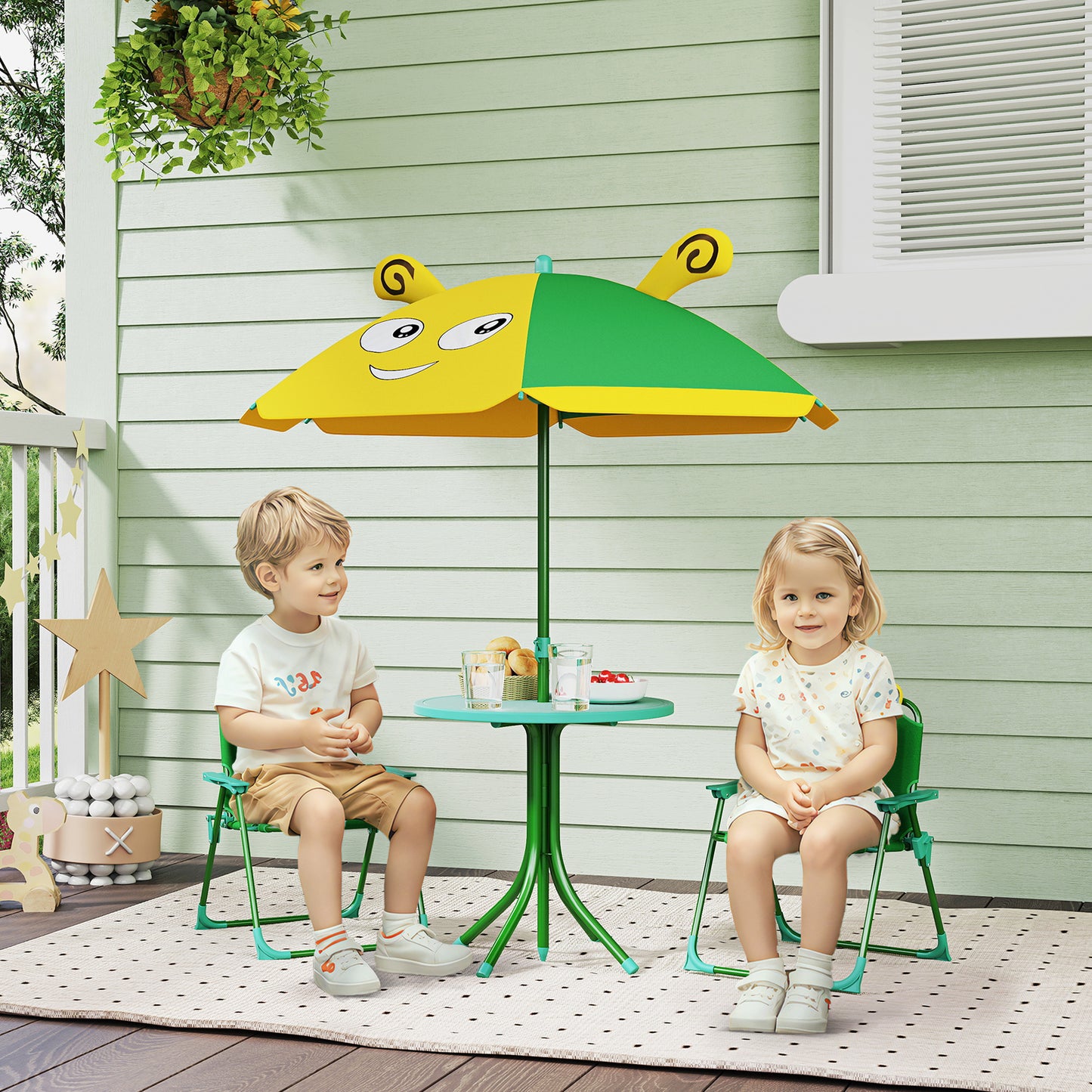 Kids Picnic Table and Chair Set with Adjustable Umbrella - Green