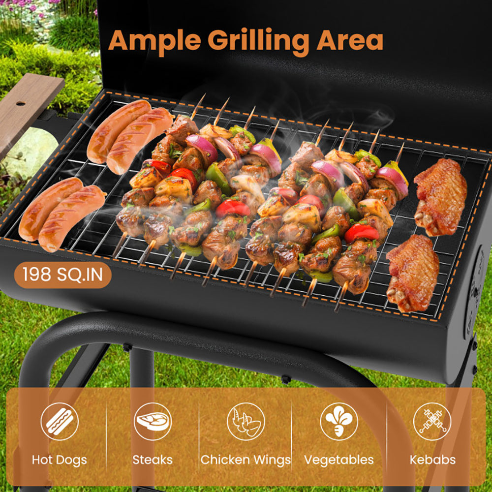 Charcoal Grill with Foldable Side Table and Thermostat - Black