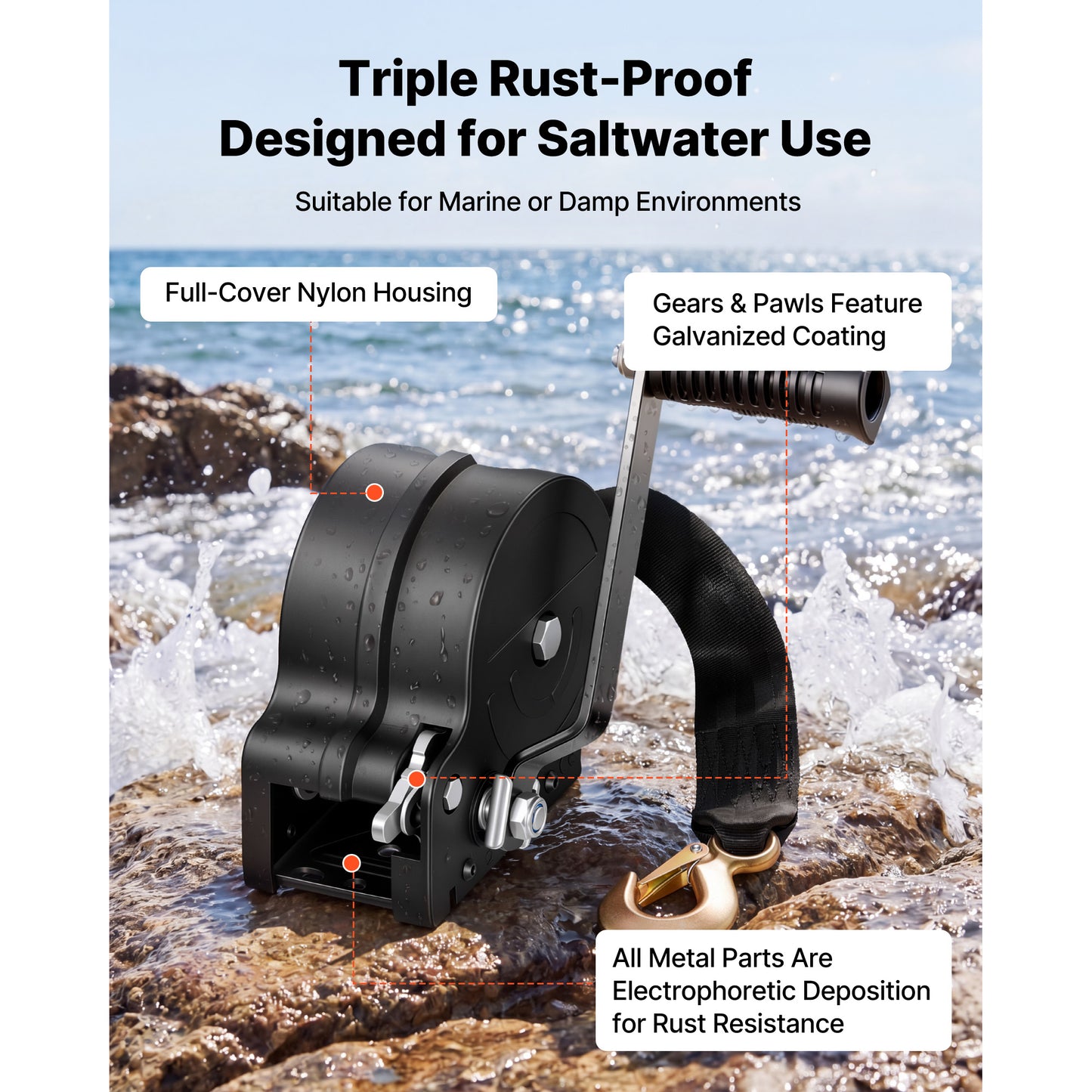 Heavy Duty Boat Winch 1600 Lb Hand Crank with 20ft Orange Polyester Strap