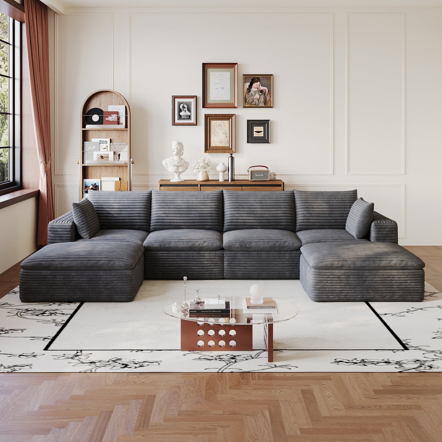 134" Cloud Sofa - Corduroy Fabric, Deep Seat Couch, Dark Grey
